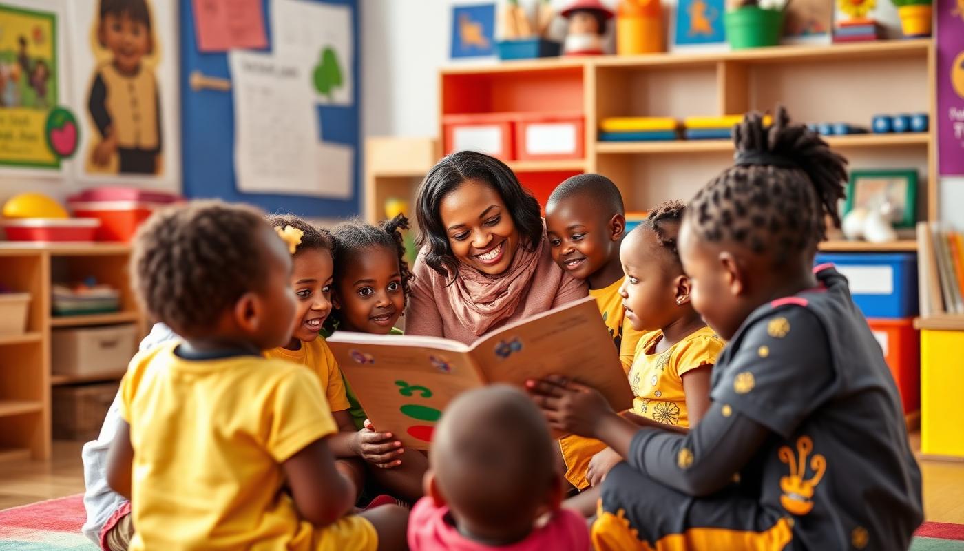 Enfants africains avec leur maîtresse en classe